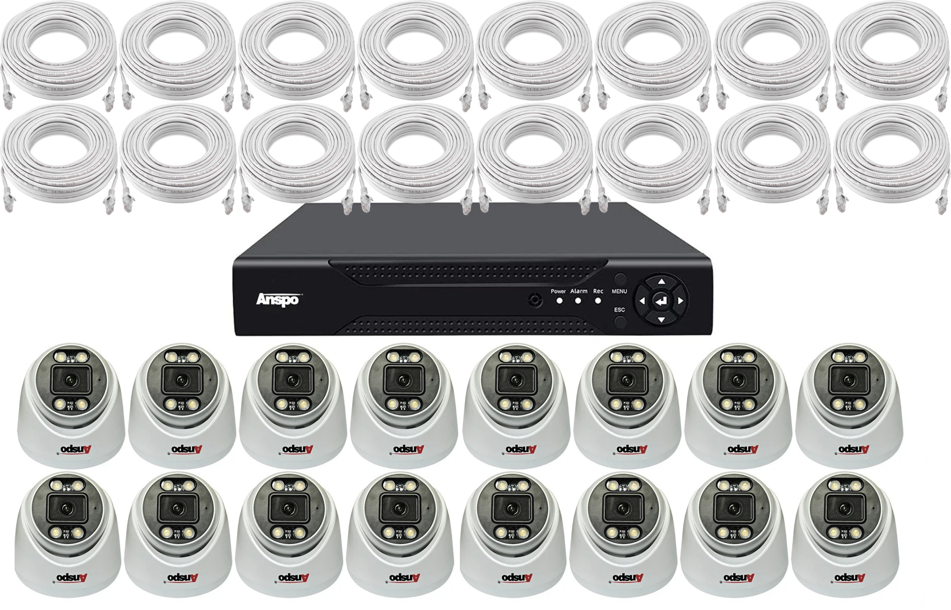 5MP PoE High Definition 2-Way Audio IP CCTV System with 16 White Anspo IP Dome Cameras 