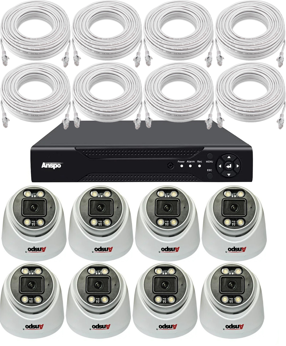5MP PoE High Definition 2-Way Audio IP CCTV System with 8 White Anspo IP Dome Cameras 